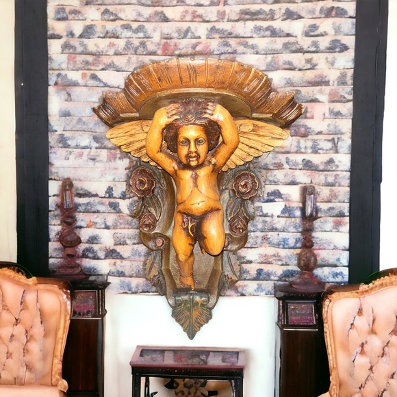 Italian Polvchrome Wooden Wall
Bracket with Carved Cherub Angel Antique RARE - Picture 3 of 7